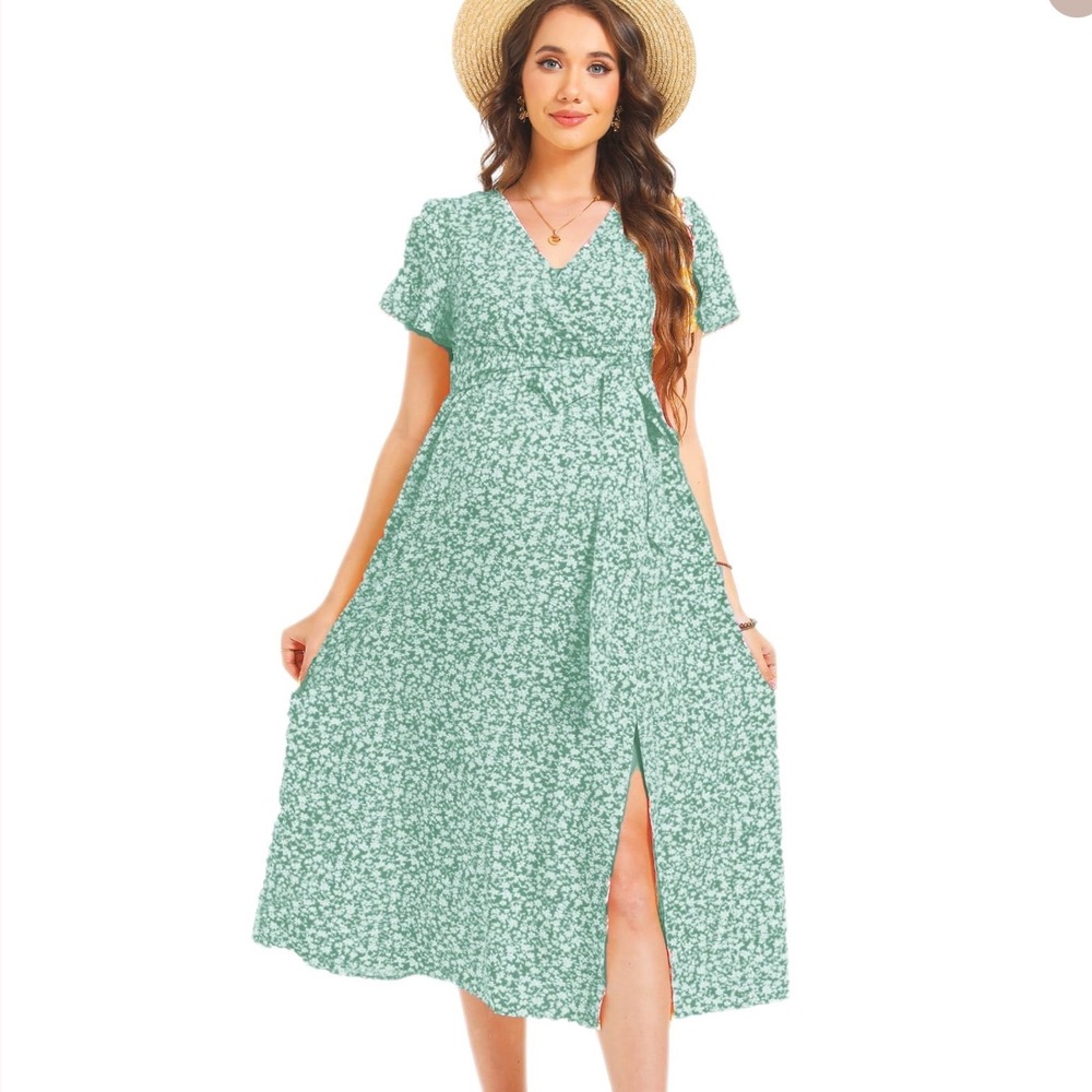 Yesfashion Maternity Wrap‎ Flared Belted Ruffle Mini Dress XL Sage Green NWT